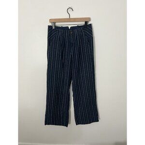 Free People Linen Blend Pant Size 6 High Waist Pleated Wide Leg Trousers Blue